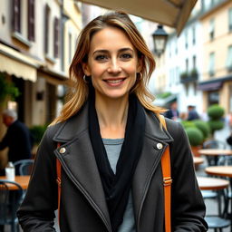 A full-length photograph of a woman aged between 30 to 45 with a natural appearance, minimal makeup, and well-groomed hair
