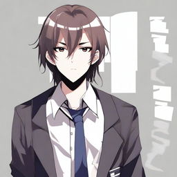 Digital art of a tall, edgy, anime-style scholarly teen dressed in school uniform, characterized by long emo bangs and an overwhelmingly massive, triple-emphasized beard covering his mouth