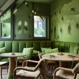 A cozy, nature-inspired cafe with grasshopper decor elements, green walls, glass tables decorated with grasshopper motifs, coffee mugs with grasshopper prints, and plush grasshopper cushions on wooden chairs.