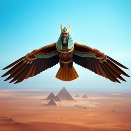 A powerful depiction of Horus, the sky god with the form of a falcon, soaring high above, symbolizing royalty and the protection of the pharaoh