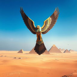 A powerful depiction of Horus, the sky god with the form of a falcon, soaring high above, symbolizing royalty and the protection of the pharaoh