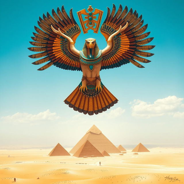 A powerful depiction of Horus, the sky god with the form of a falcon, soaring high above, symbolizing royalty and the protection of the pharaoh