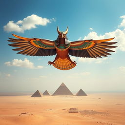 A powerful depiction of Horus, the sky god with the form of a falcon, soaring high above, symbolizing royalty and the protection of the pharaoh