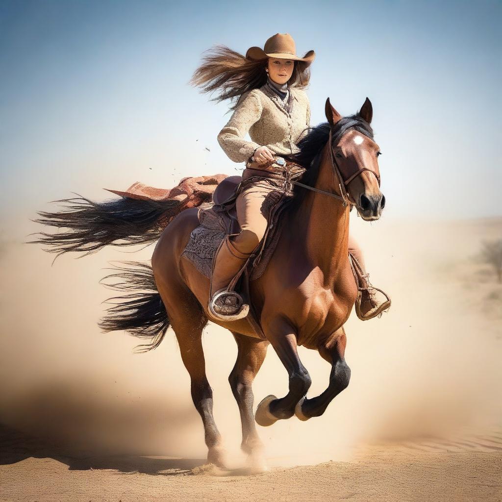 A brave cowgirl galloping at full speed riding her loyal stallion through a dusty desert, both wearing traditional Western attire