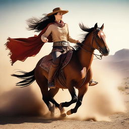 A brave cowgirl galloping at full speed riding her loyal stallion through a dusty desert, both wearing traditional Western attire