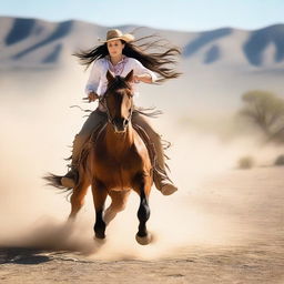 A brave cowgirl galloping at full speed riding her loyal stallion through a dusty desert, both wearing traditional Western attire