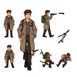 A detailed pixel art design sheet for a 2D video game character, featuring a male researcher in his 30s