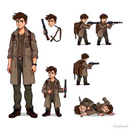 A detailed pixel art design sheet for a 2D video game character, featuring a male researcher in his 30s