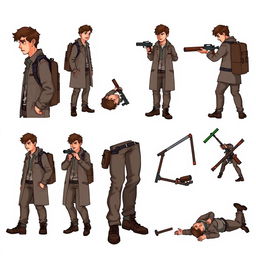 A detailed pixel art design sheet for a 2D video game character, featuring a male researcher in his 30s