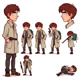 A detailed pixel art design sheet for a 2D video game character, featuring a male researcher in his 30s