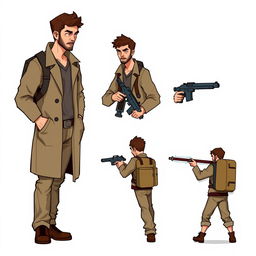 A detailed pixel art design sheet for a 2D video game character, depicting a rugged male researcher in his 30s