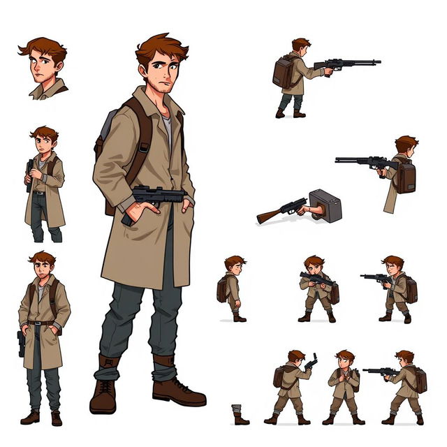 A detailed pixel art design sheet for a 2D video game character, depicting a rugged male researcher in his 30s