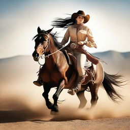 A brave cowgirl galloping at full speed riding her loyal stallion through a dusty desert, both wearing traditional Western attire