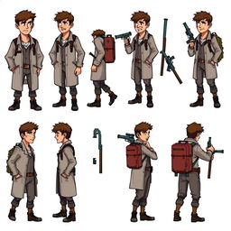 A detailed pixel art design sheet for a 2D video game character, depicting a rugged male researcher in his 30s