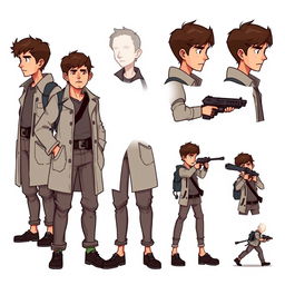 A detailed pixel art design sheet for a 2D video game character, depicting a rugged male researcher in his 30s