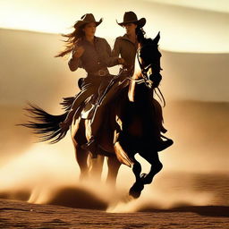 An iconic scene from a vintage Western movie: a cowgirl riding her horse at a gallop, kicking up dust under the setting sun