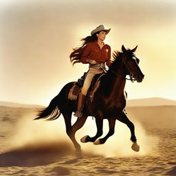 An iconic scene from a vintage Western movie: a cowgirl riding her horse at a gallop, kicking up dust under the setting sun