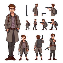 A detailed pixel art design sheet for a 2D video game character, depicting a rugged male researcher in his 30s
