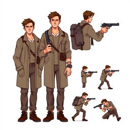 A detailed pixel art design sheet for a 2D video game character, depicting a rugged male researcher in his 30s