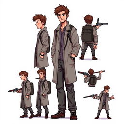A detailed pixel art design sheet for a 2D video game character, depicting a rugged male researcher in his 30s