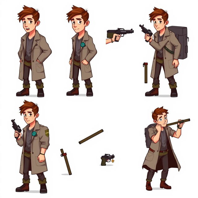 A detailed pixel art design sheet for a 2D video game character, depicting a rugged male researcher in his 30s