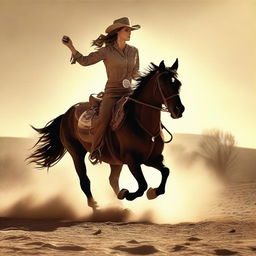 An iconic scene from a vintage Western movie: a cowgirl riding her horse at a gallop, kicking up dust under the setting sun