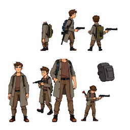 A detailed pixel art design sheet for a 2D video game character, featuring an older male researcher in his 30s