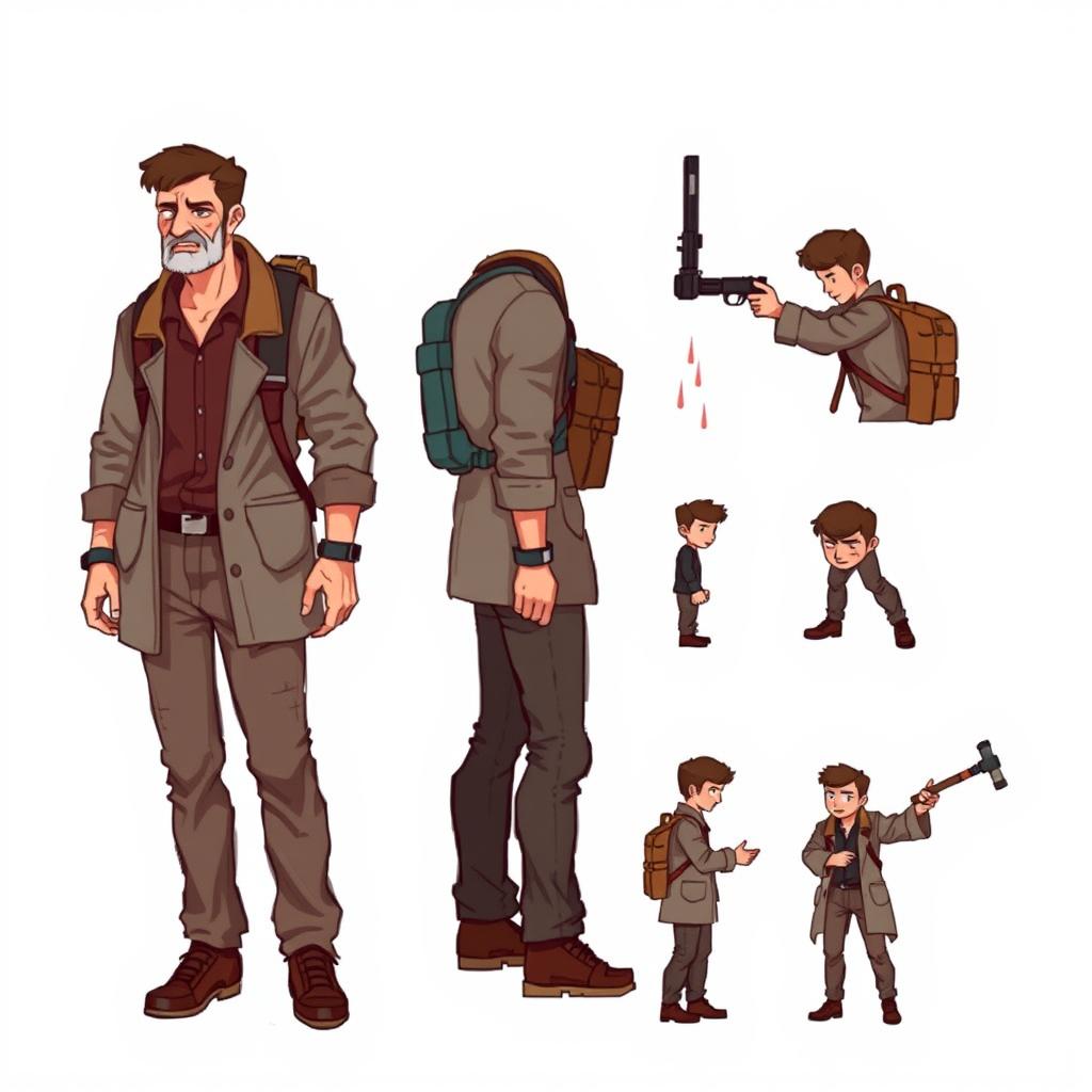 A detailed pixel art design sheet for a 2D video game character, featuring an older male researcher in his 30s