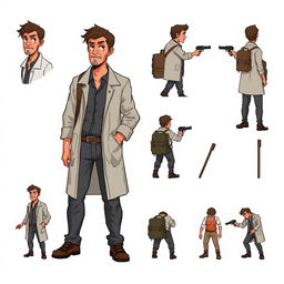 A detailed pixel art design sheet for a 2D video game character, featuring an older male researcher in his 30s