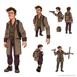 A detailed pixel art design sheet for a 2D video game character, featuring an older male researcher in his 30s