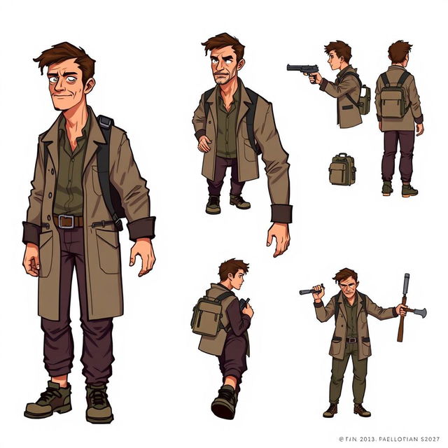 A detailed pixel art design sheet for a 2D video game character, featuring an older male researcher in his 30s