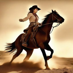 An iconic scene from a vintage Western movie: a cowgirl riding her horse at a gallop, kicking up dust under the setting sun