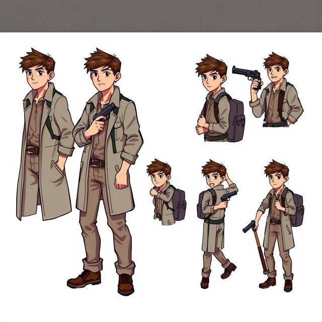 A detailed pixel art sprite sheet for a 2D video game character, featuring a younger male researcher in his mid-20s