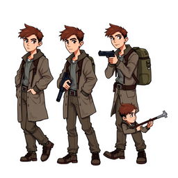 A detailed pixel art sprite sheet for a 2D video game character, featuring a younger male researcher in his mid-20s