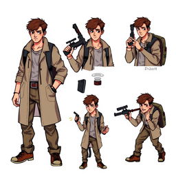 A detailed pixel art sprite sheet for a 2D video game character, featuring a younger male researcher in his mid-20s