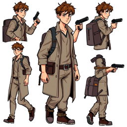 A detailed pixel art sprite sheet for a 2D video game character, featuring a younger male researcher in his mid-20s