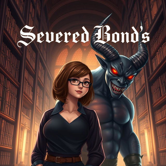 A captivating book cover for 'Severed Bond's', featuring a realistic digital illustration of a normal woman, a librarian, with shoulder-length brown hair and glasses, standing in front of a grand library filled with towering bookshelves