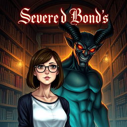 A captivating book cover for 'Severed Bond's', featuring a realistic digital illustration of a normal woman, a librarian, with shoulder-length brown hair and glasses, standing in front of a grand library filled with towering bookshelves
