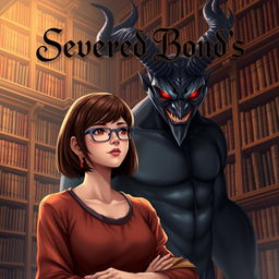 A captivating book cover for 'Severed Bond's', featuring a realistic digital illustration of a normal woman, a librarian, with shoulder-length brown hair and glasses, standing in front of a grand library filled with towering bookshelves