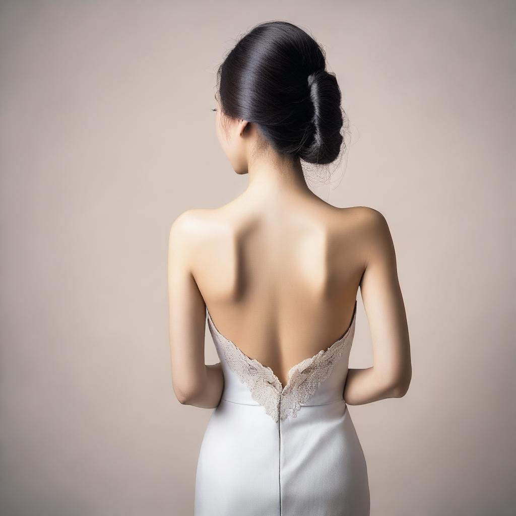 Rear view of an elegant Asian lady with her arms crossed. Her captivating beauty is apparent even from behind.