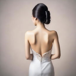 Rear view of an elegant Asian lady with her arms crossed. Her captivating beauty is apparent even from behind.