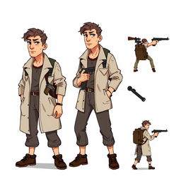 A detailed pixel art design sheet for a 2D video game character, featuring a rugged male researcher in his late 30s