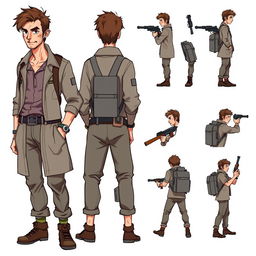 A detailed pixel art design sheet for a 2D video game character, featuring a rugged male researcher in his late 30s