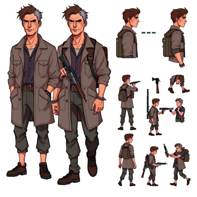 A detailed pixel art design sheet for a 2D video game character, featuring a rugged male researcher in his late 30s