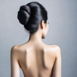 Rear view of an elegant Asian lady with her arms crossed. Her captivating beauty is apparent even from behind.