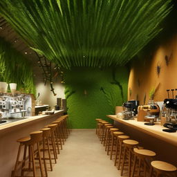 A unique, green-themed cafe heavily inspired by grasshoppers. Earthy tones dominate the space with grasshopper sculptures on display, tables imprinted with leaf textures and espresso machines echoing a bug's design. Pendant lights resemble grasshoppers, with coffee-themed artwork featuring these insects.