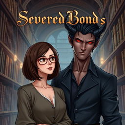 A stunning book cover for 'Severed Bond's', featuring a realistic digital illustration of a normal woman, a librarian, with shoulder-length brown hair and glasses, standing in an enchanting library filled with towering shelves of books