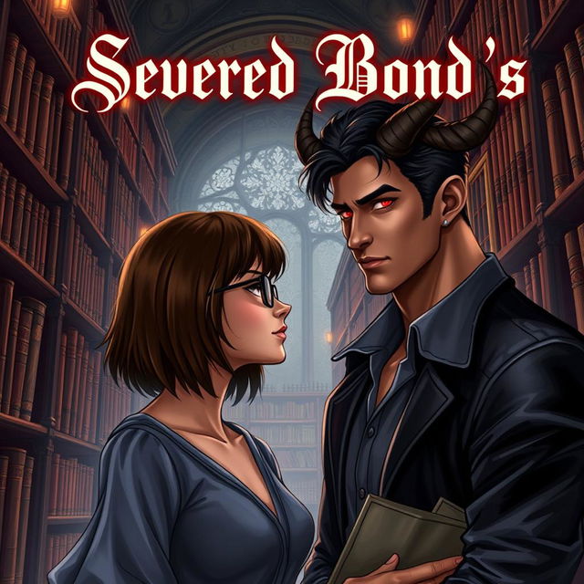 A stunning book cover for 'Severed Bond's', featuring a realistic digital illustration of a normal woman, a librarian, with shoulder-length brown hair and glasses, standing in an enchanting library filled with towering shelves of books