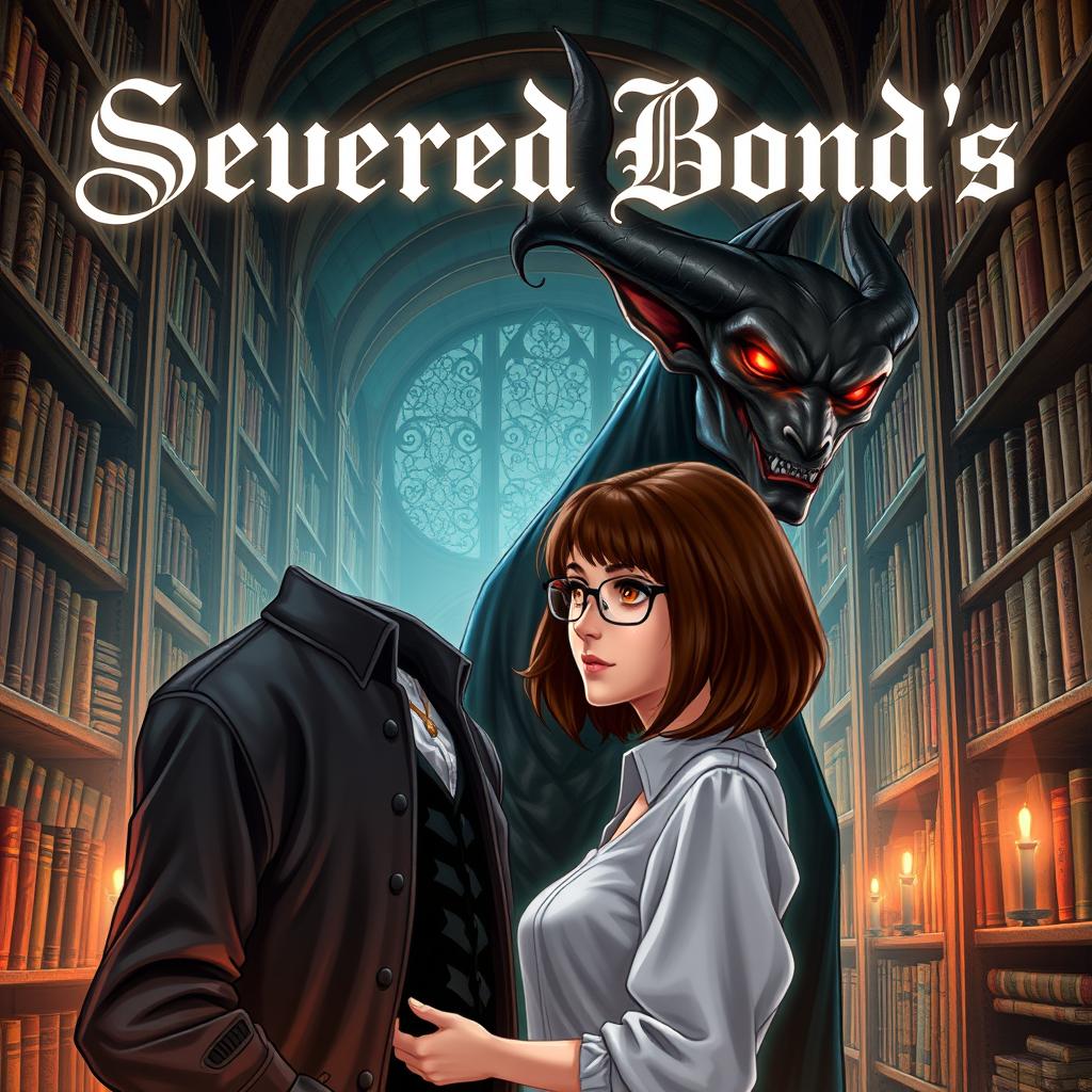 A stunning book cover for 'Severed Bond's', featuring a realistic digital illustration of a normal woman, a librarian, with shoulder-length brown hair and glasses, standing in an enchanting library filled with towering shelves of books