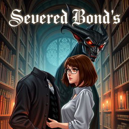 A stunning book cover for 'Severed Bond's', featuring a realistic digital illustration of a normal woman, a librarian, with shoulder-length brown hair and glasses, standing in an enchanting library filled with towering shelves of books